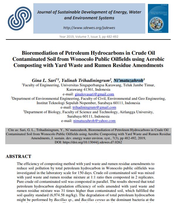Bioremediation of Petroleum Hydrocarbons in Crude Oil Contaminated Soil from Wonocolo Public Oilfields using Aerobic Composting with Yard Waste and Rumen Residue Amendments